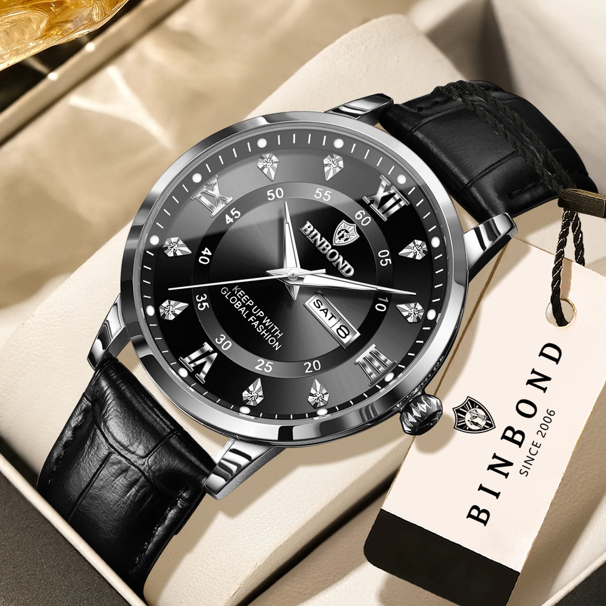 BINBOND quartz watches for men luxury sturdy luminous waterproof auto date week display accurate men's watch business reloj