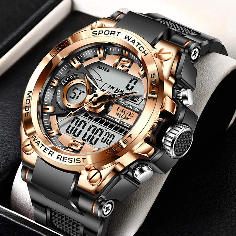 LIGE Men Sport Watch 50M Waterproof Dual Display Analog Digital Watch LED Backlight Chronograph Quartz Wristwatch Gift Box Set