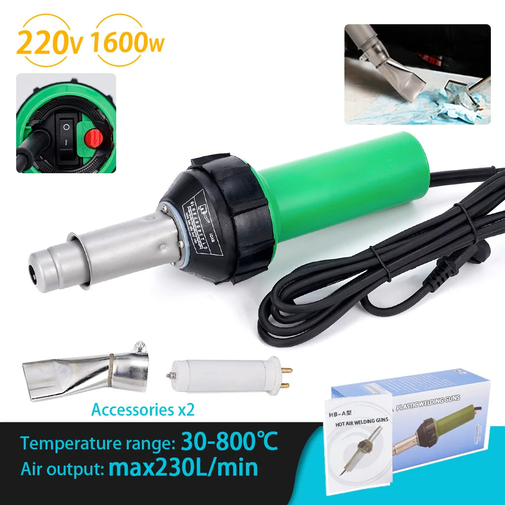 AC220V 1600W Plastic Welding Gun Machine Electric Hot Air Gun Plastic Welding Torch + Heating Core + Flat Head Accessories