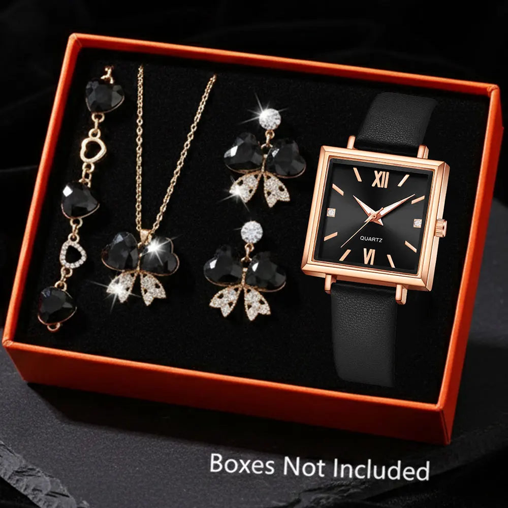 5/6 PCS/Set Red Women's Watch With Minimalist Elements Dial Quartz Watch Latex Strap Cherry Elements Jewelry Set Girl's Gift