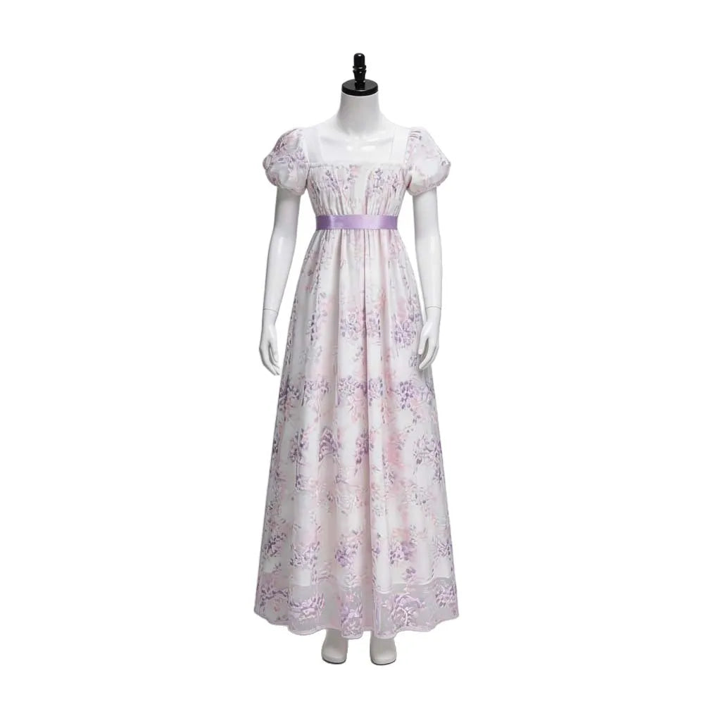 European Vintage Regency Tea Dress Square Neck Puff Short Sleeve Floral Embossed Long Imperial Cosplay Gown With  Waist Belt