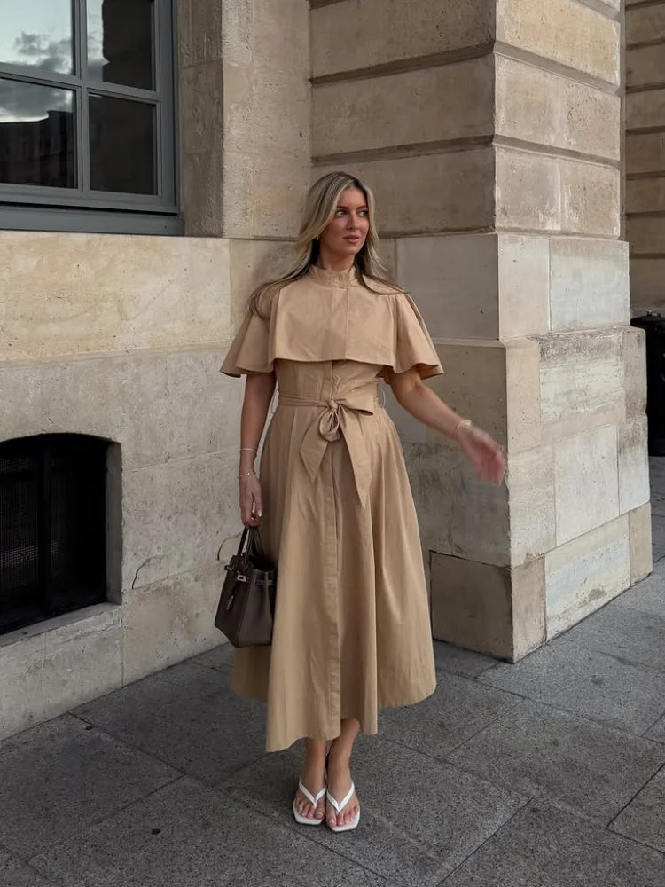 Women's Trench Style Midi Dress Stand Collar Cape Overlay Short Sleeve Belted Waist A‑Line Dresses Autumn Elegant Office Outfits