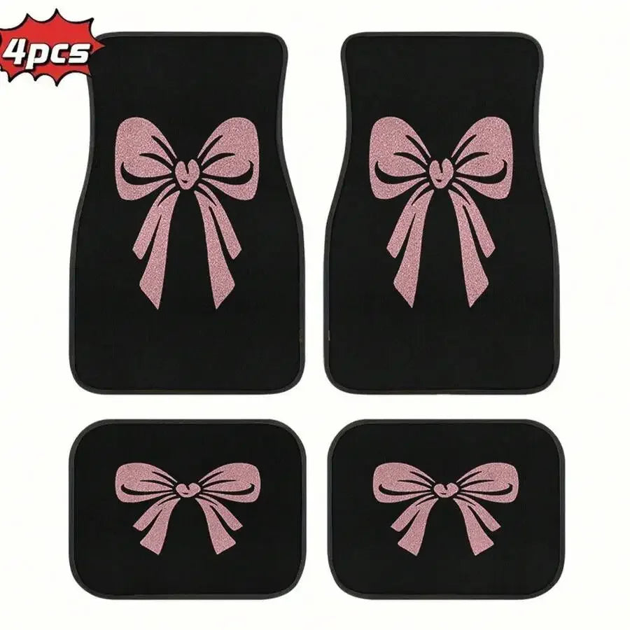 4 Piece Universal Car Floor Mats With Pink Bow Design Polyester All Weather Mat For Sedan SUV Truck