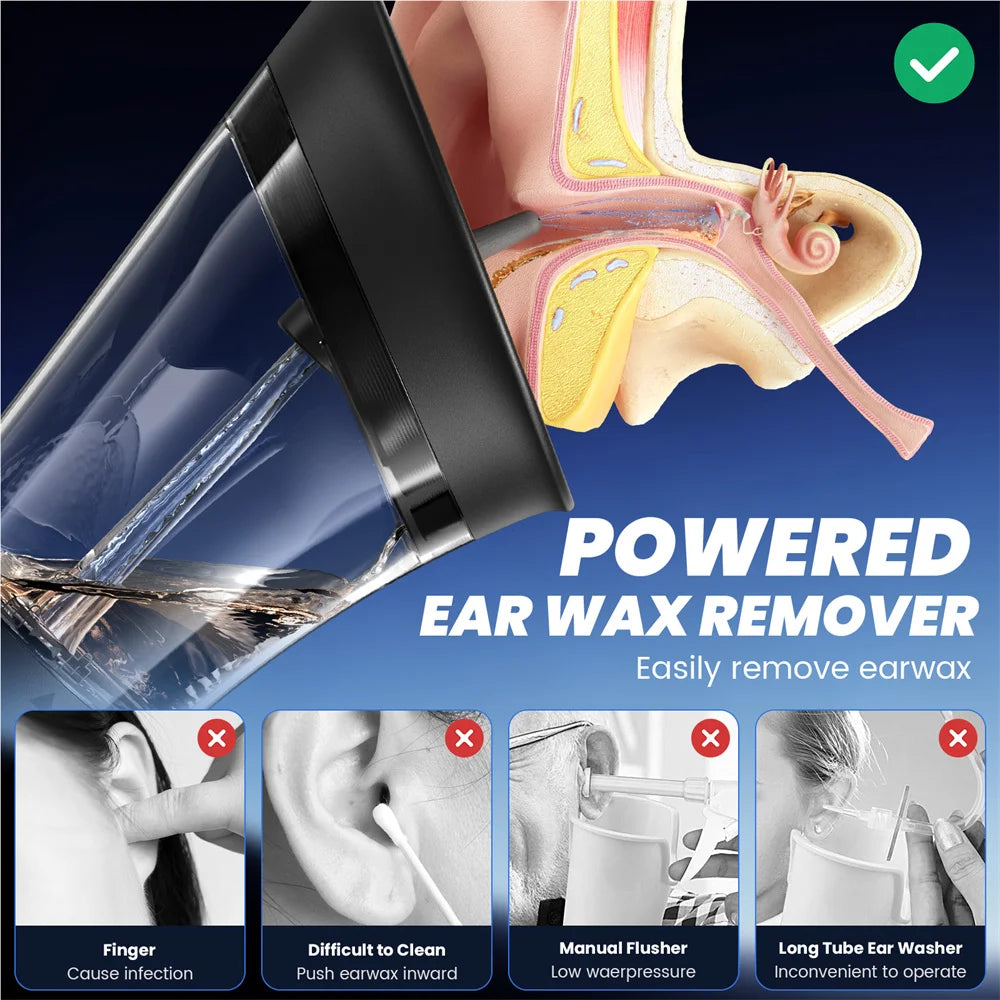 2 In 1 Dual Water Tank Electric Ear Wax Remover Safe Temp Sensor 4 Pressure Modes 2000mAh Battery Ear Washer with Multi Hole