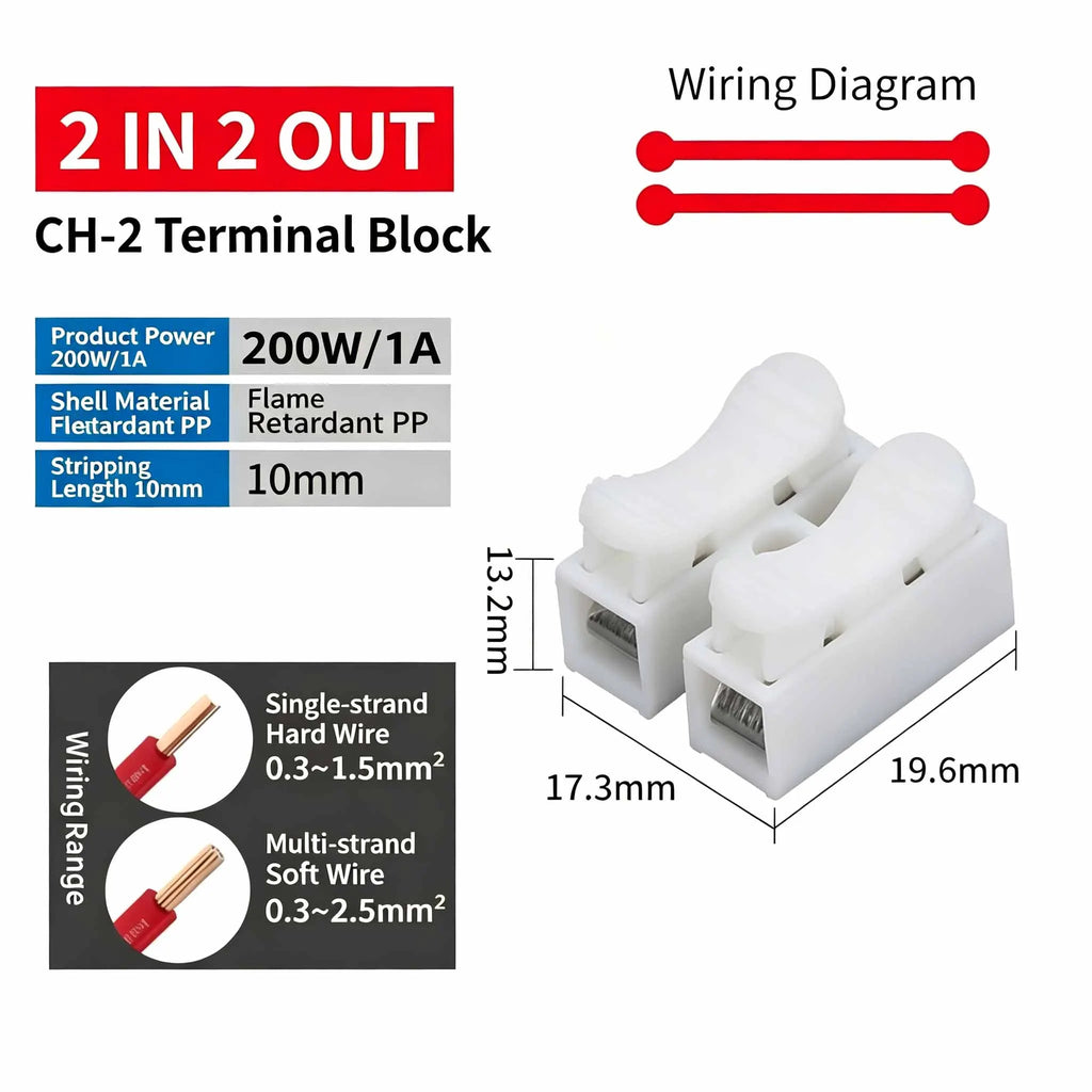 50/100Pcs 2Pin Push Quick Connect Terminal Block,Screw-Free Spring Clamp Connector,White Steel Contact for Industrial Wiring