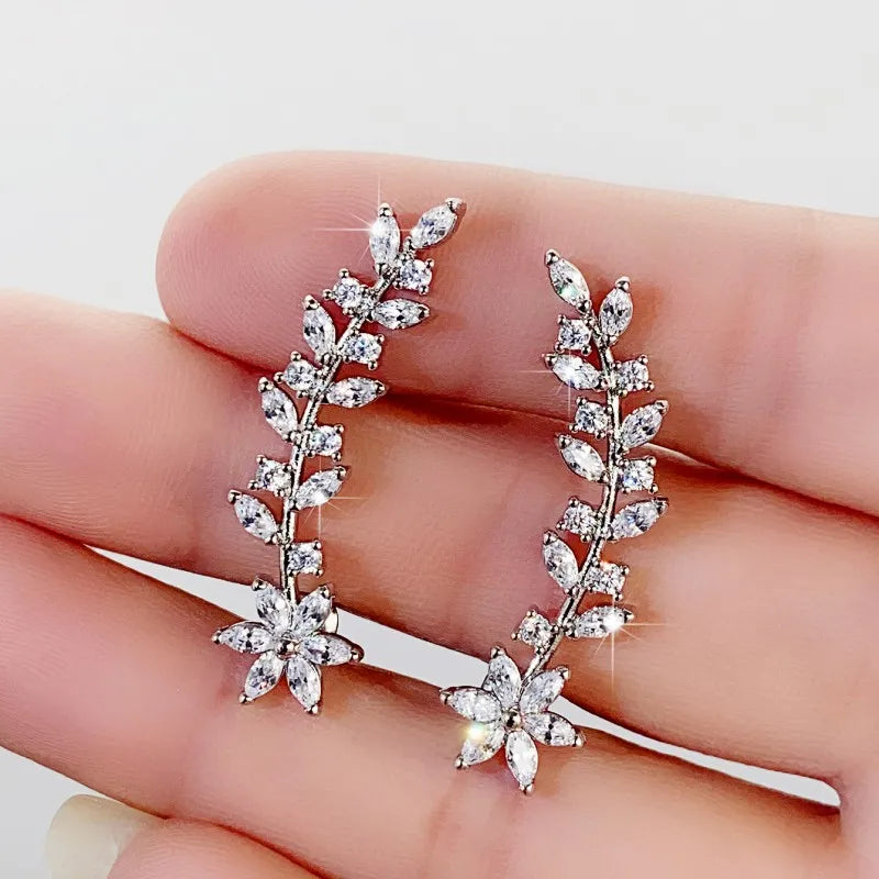 Huitan Aesthetic Flower Stud Earrings Climb Ear Earrings Exquisite Women's Ear Accessories with Dazzling CZ New Fashion Jewelry