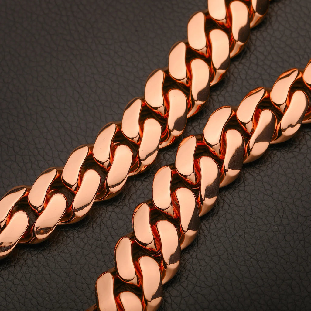 10-25mm Wide Hip Hop Bling Iced Out Round Cuban Miami Link Chain Necklaces for Men Rapper Jewelry Rose Gold Color
