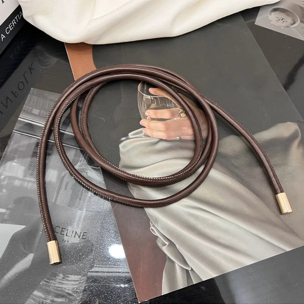 1PC Fashion Round Leather Rope Thin Belt Waist Chain Women Decorative Knotted Waist Rope Decorative Skirt  Coat Sweater Strap