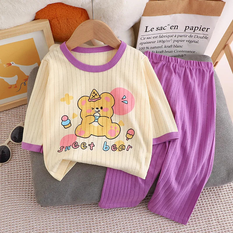 Cute Bear Print Baby Clothing Set Children Long Sleeve+ Pants Two Pieces Suit Kids Cotton Pullover Top Tee Girl Boy Casual