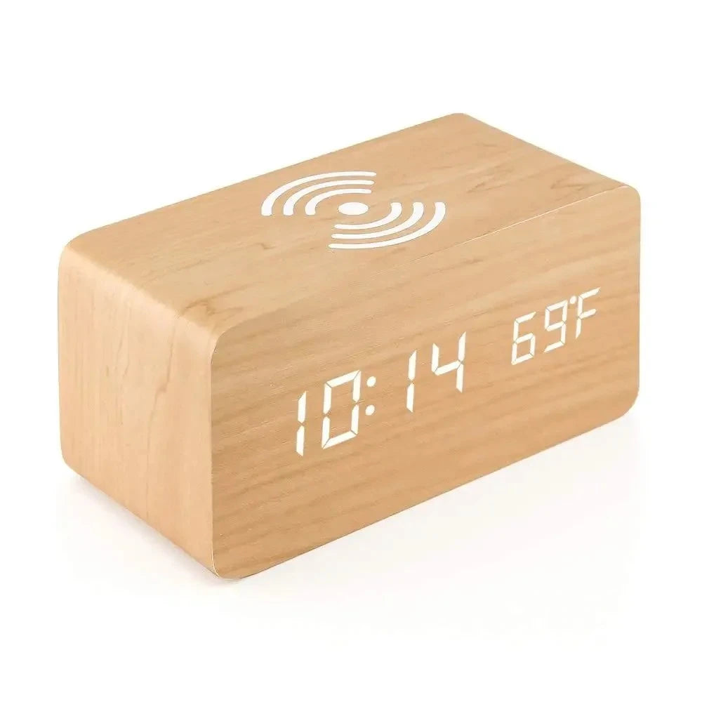 Wooden Digital LED Alarm Clock with Wireless Charging Time Date Temperature Display Desk Bedside Clock for Office