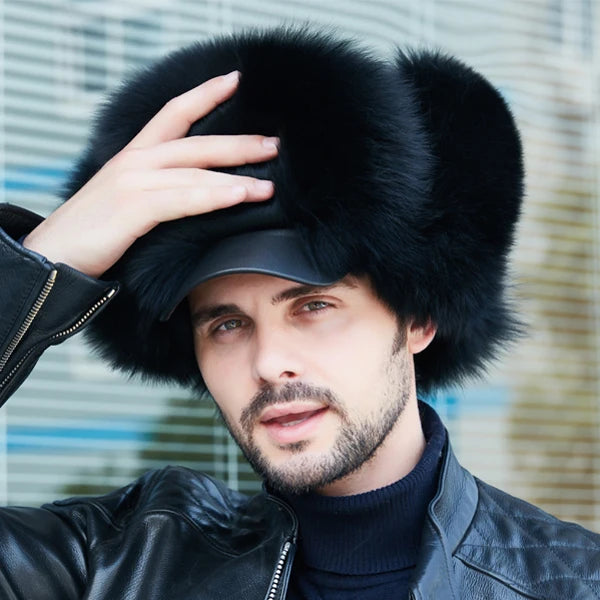 Winter Men's Ushanka Cap Real Silver Fox Fur Hooded Raccoon Fur Trapper Russian Ski Hat Real Leather
