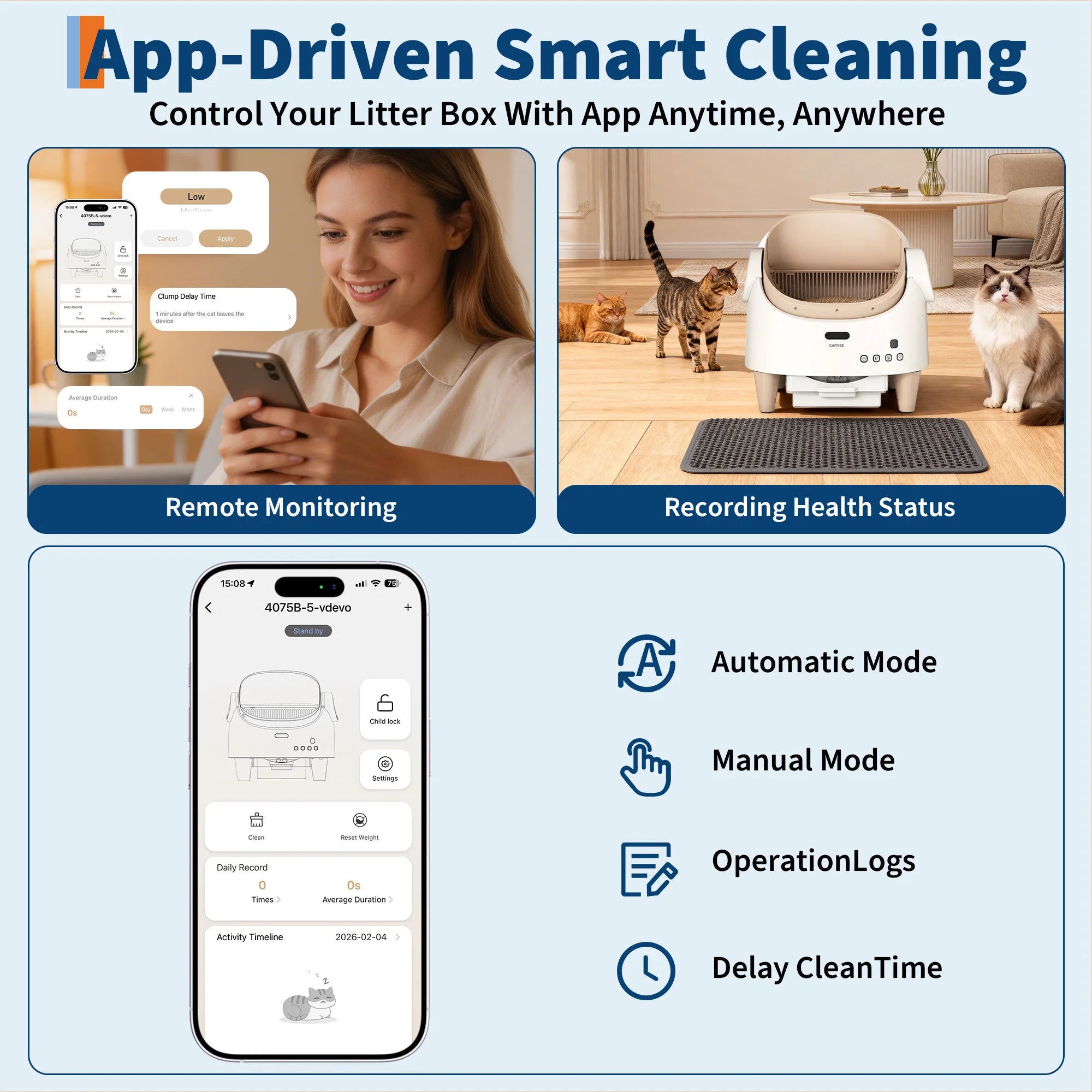 Self Cleaning Smart Litter Box APP Controlled Automatic Odor-Free Cat Toilet with Large Waste Bin for Single Multi Cats