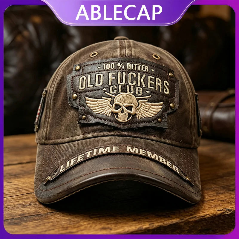 Vintage Washed Baseball Cap Men Skull Wing Embroidery Rivet Leather Patch Hat Retro Biker Motorcycle Adjustable Outdoor Sun Hat