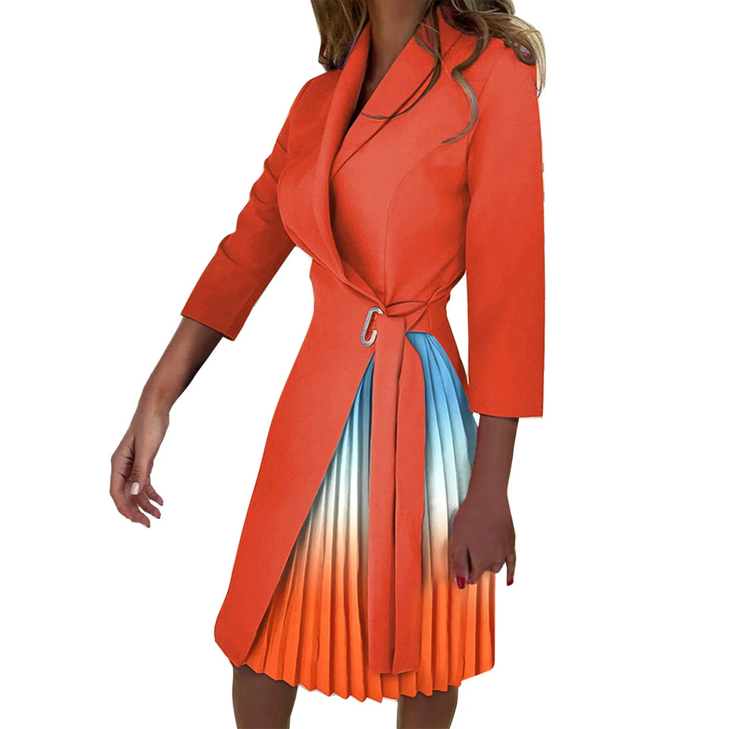 Autumn Fashion Women Patchwork Pleated Blazer Dress Elegant 3/4 Sleeve Lapel Lace-Up Dress Elegant Office Lady Slim Party Dress