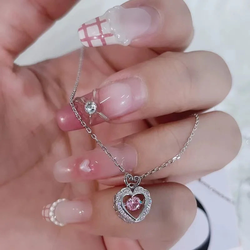 New 925 Sterling Silver Pink Zircon Love Necklace Charm Woman Pendant Geometric Shape Choker Birthday Gift Exquisite Jewelry