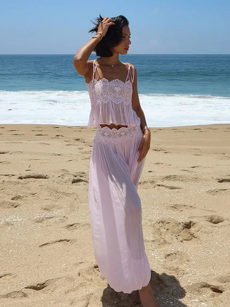 Women Floral Lace Sheer Layers Skirt Set Spaghetti Strap Ruffle Crop Top High Waist Maxi Skirts 2026 Summer Beach Female Outfits