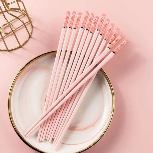 1 Pair Chinese Style Non-Slip Eco-Friendly Pink Cherry Blossom Household Kitchen Alloy Chopsticks Hot Pot Table Setting