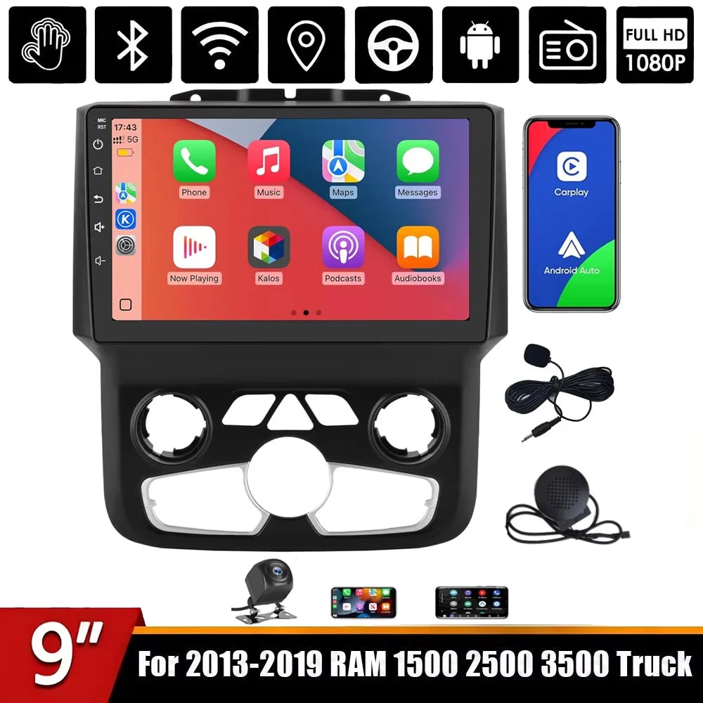 New Android 13 Touch Car Stereo Radio Multimedia Video Player GPS Navigation 5G WiFi Auto Radio For Dodge Ram 2013-2019 Wireless CarPlay Android Auto 9" HD IPS Display Support Cargo Rearview GPS DSP RDS BT AM/FM Auto AC 2GB+3