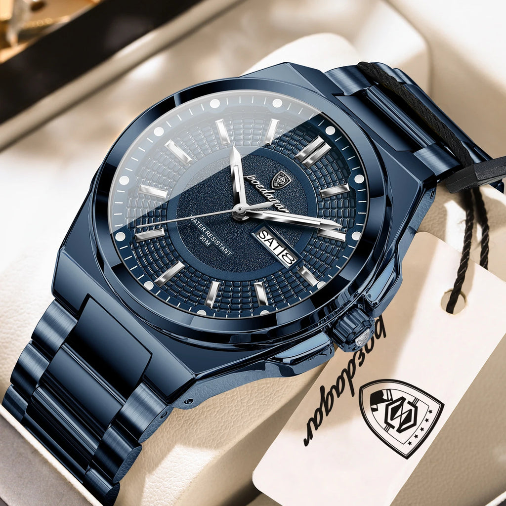 POEDAGAR Top Business Men Wristwatch Stainless Steel Waterproof Luminous Casual Man Watch Date Week Stylish Men's Quartz Watches