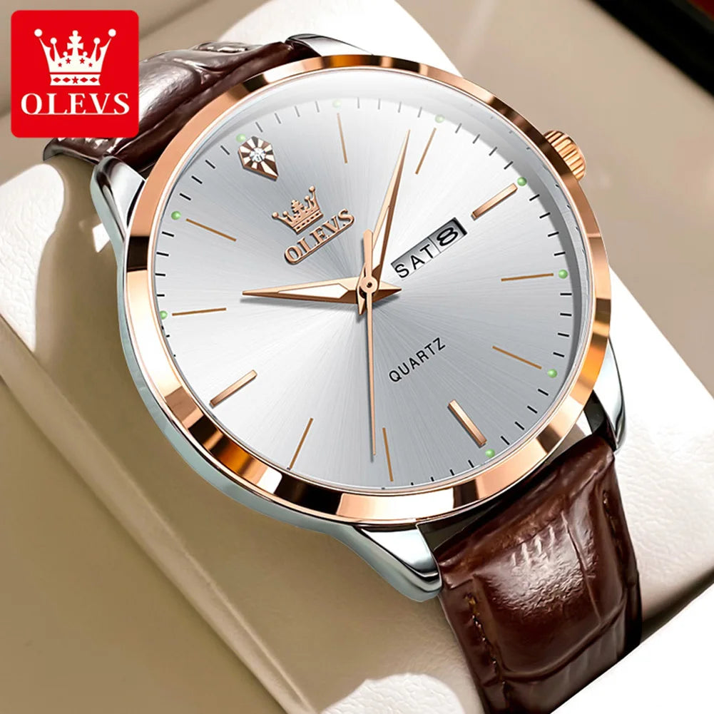 OLEVS 2935 Fashion Business Brand Men Watches Leather Strap Trend Week Calendar Quartz Watch Luminous Waterproof 43mm Dial