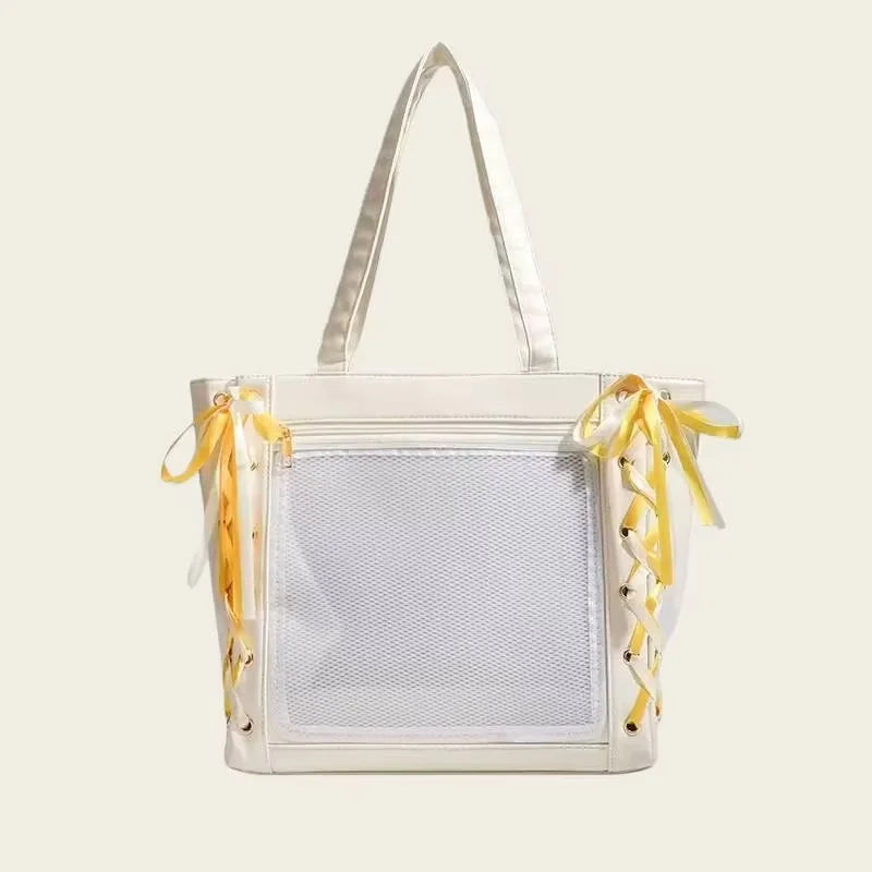 Japanese Sweet Women Ribbon Ita Bag Fashion Large Capacity Tote Bag Aesthetic Shoulder Bag Cute Lolita Girl Transparent Handbags