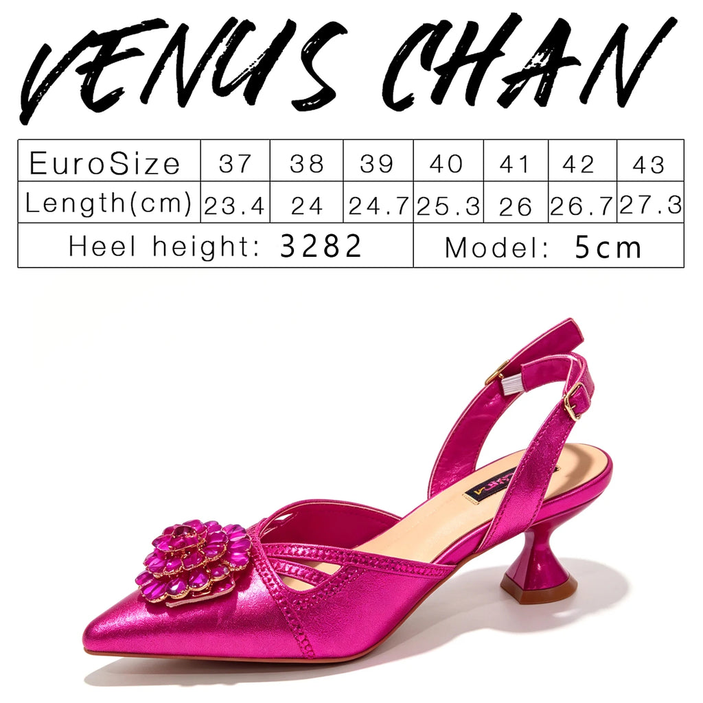 Shimmery Glitter Slingback Women High Heels Fuchsia Shoes and Matching Bag Set Rhinestone Wedding Party Banquet Events