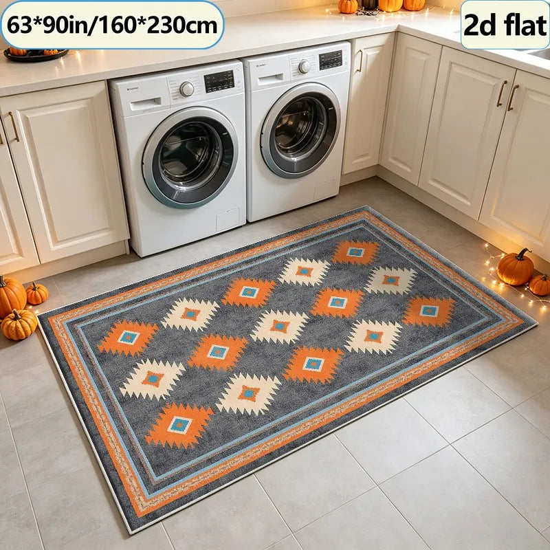 Bohemian Style Southwest Ethnic Style Diamond Geometric Pattern Carpet Square Rug Non-Slip Washable Floor Mat Suitable for Living Room Camping Home