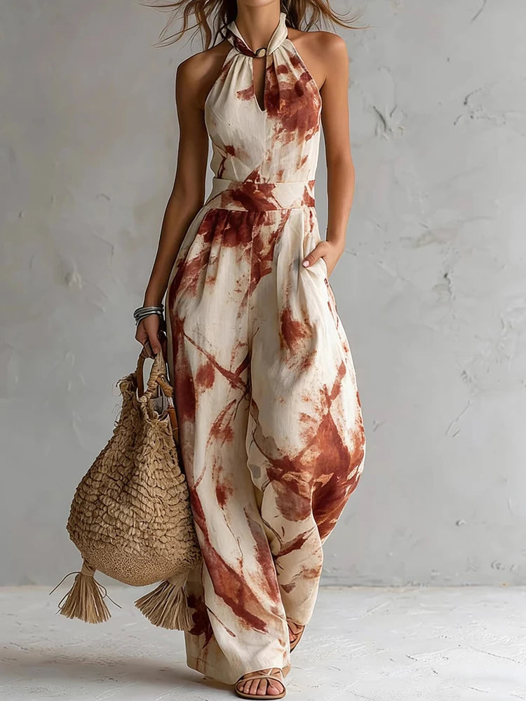 Women Summer Halter Sleeveless Jumpsuit Print Patchwork Wide Leg Pants Playsuit Hollow Out Backless Lace-Up Bodysuit Streetwear