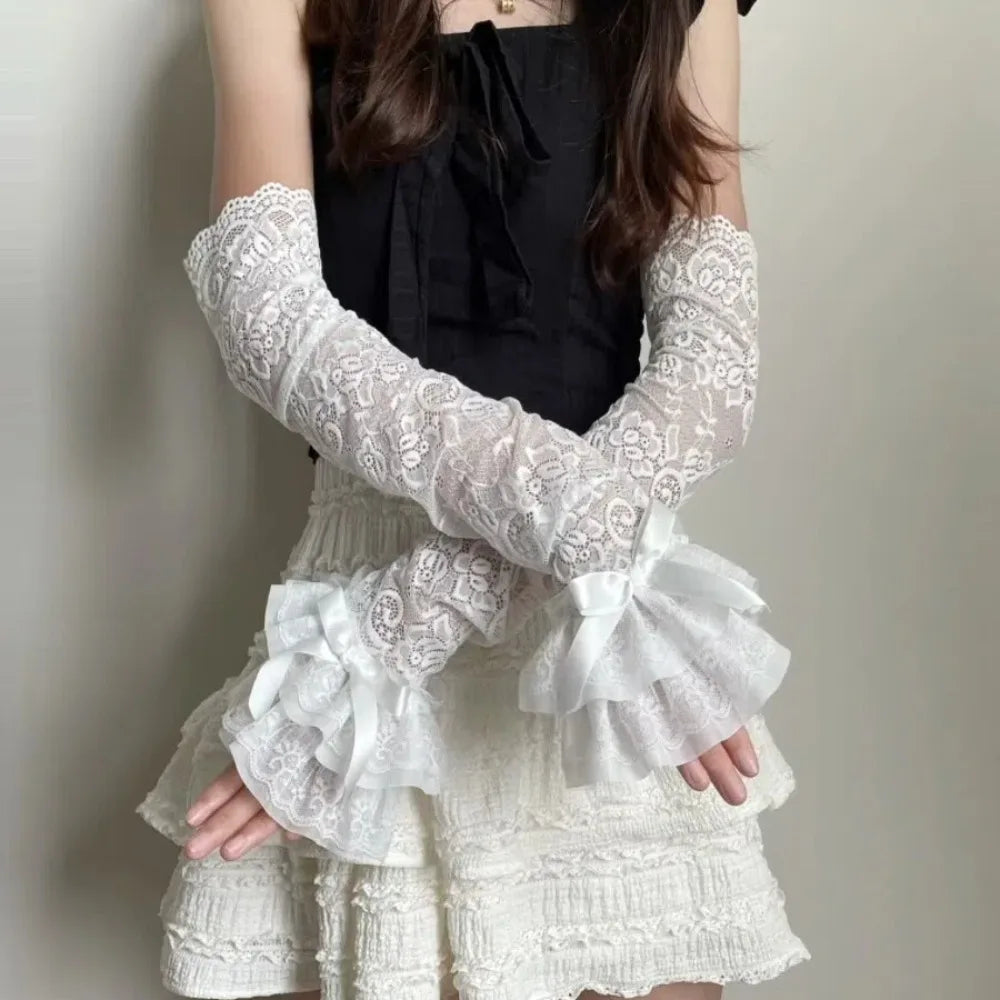 Graceful Lace Bowknot Womens Sleeve Sun Protection Hollow Out Lace Fingerless Gloves Y2K Bridal Wrist Gloves