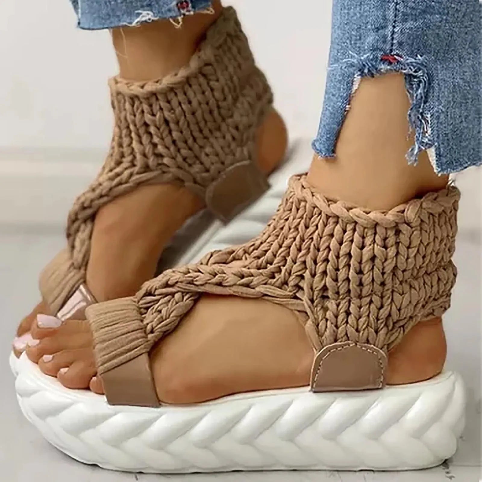 Sandals Women's Braided Knit O-Ring Fashion Platform Summer Gladiator Sandals Shoes Thick Heels Ladies Casual Sandalias Shoes