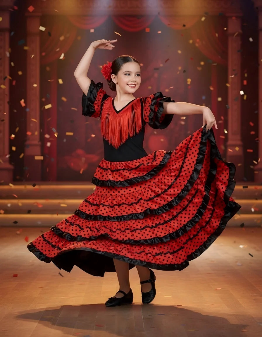 Girls Spanish Flamenco Dress Red Polka Dot Cake Puff Kids Carnival Halloween Party Stage Show Cosplay Festival Dance Costume