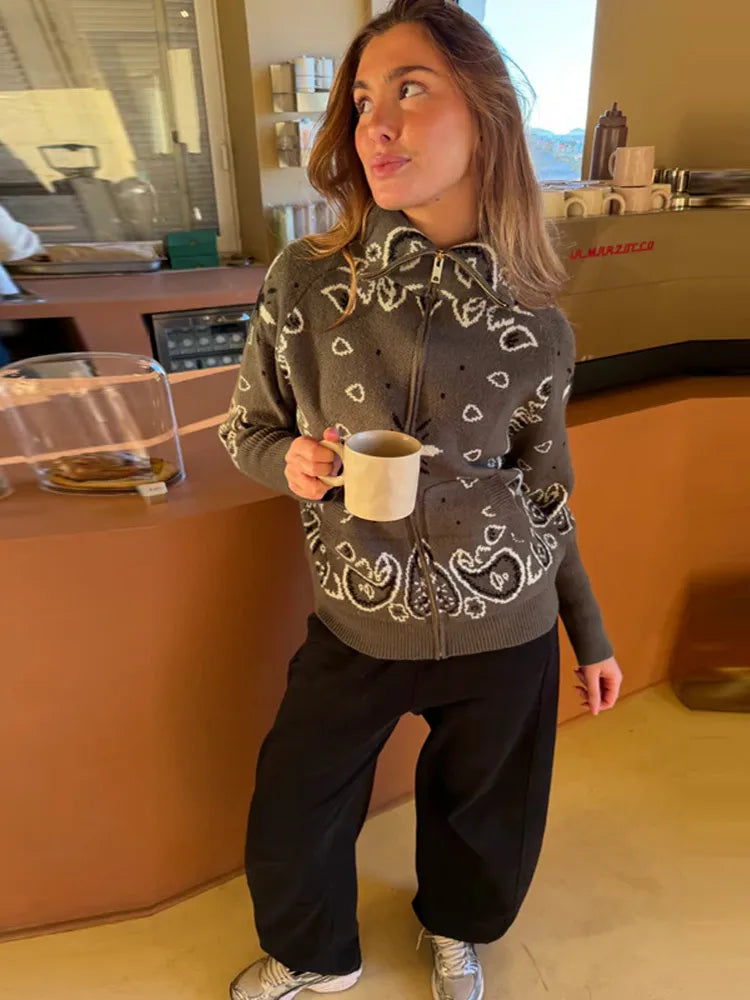 Street Printed Women's Cardigan Knitted Full Sleeve Zippers Stand Collar Pocket Lady Coats 2026 Autumn Chic Female Streetwear