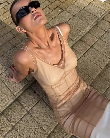 Sexy Nude Fishbone V-neck Dress Women Elegant Sleeveless Pleated Slim Waist-cinching Gown 2026 Summer Party Casual Streetwear