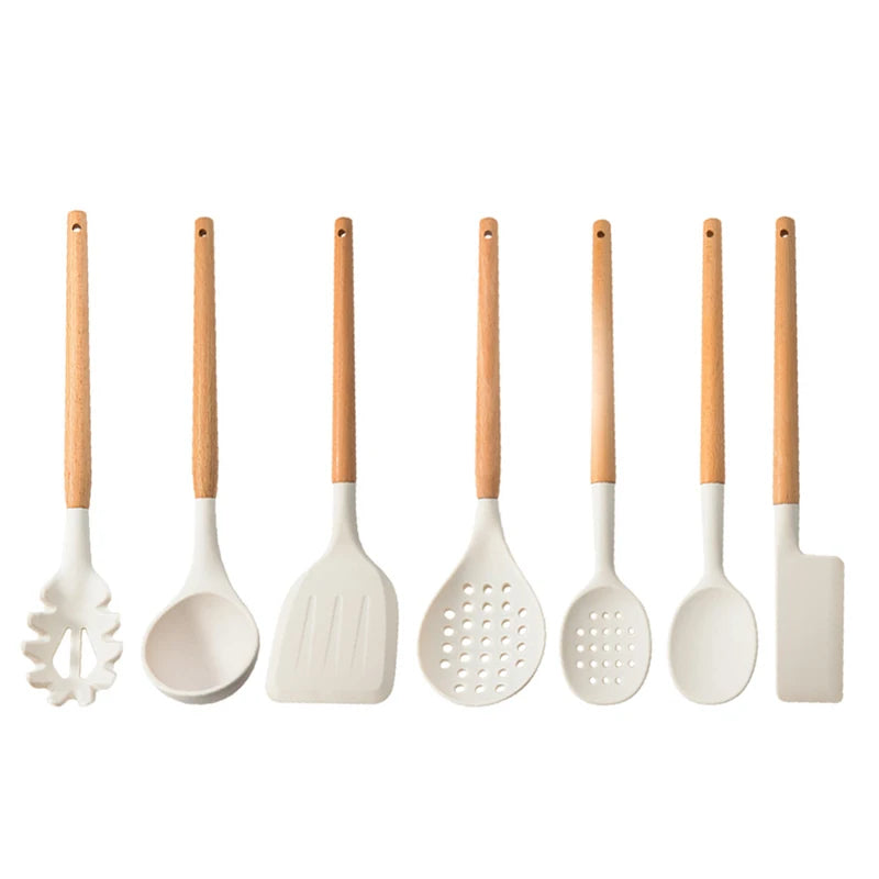 White Silicone Wooden Handle Soup Spoon Spatula Brush Scraper Pasta Egg Beater Non-stick Kitchen Cooking Tools Kitchenware