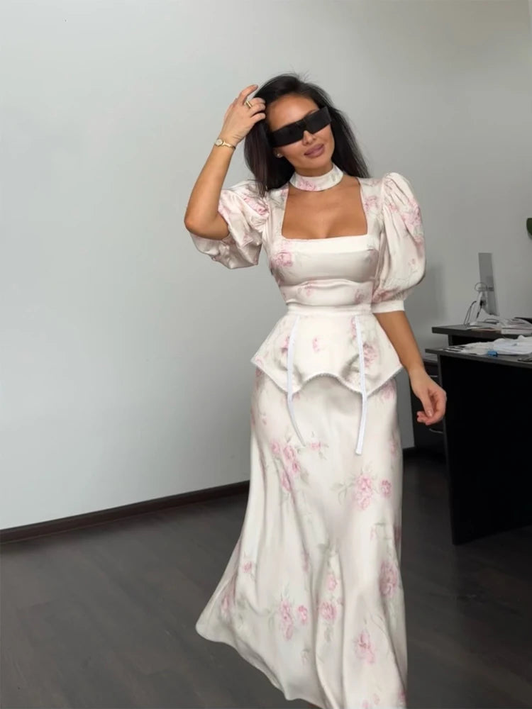 Women Floral Print Short Sleeve Maxi Dress Fashion V-neck Ruffle Trim Belted Slit Hem Dresses Casual Lady Daily Vacation Gowns