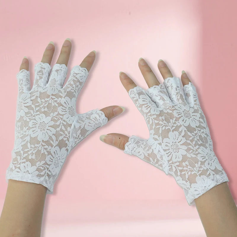 Spring/Summer Women's Thin Lace Flower Gloves Breathable Half Finger Exposed Finger Driving Touchscreen Scar Covering Bridal Glo