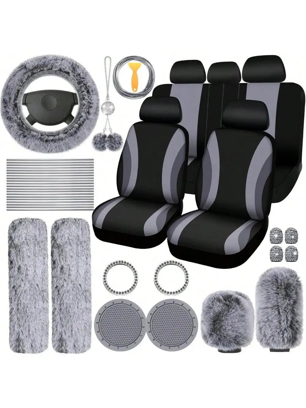 35-Piece Car Seat Cover Set With Steering Wheel Cover, Cup Holder Coasters, Shoulder Pads, And Accessories - Polyester Fabric Interior Decor Kit Without Filler,Purple