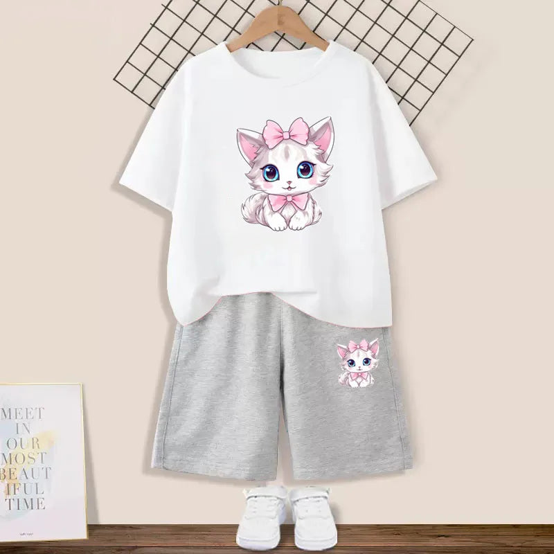 Girls Happy Cat Printed 2PC Outfit Set Summer Fashion Short Sleeve T-Shirt And Shorts Combo Cute Kids Clothing