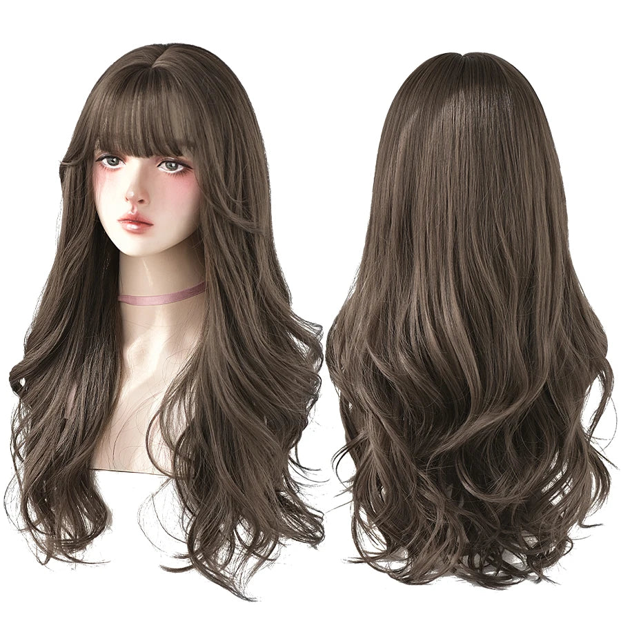 7JHH WIGS Long Wavy Curly Black Blonde Wig for Women Natural Highlight Synthetic Blend Wigs with Bangs Heat Resistant Hair Wig