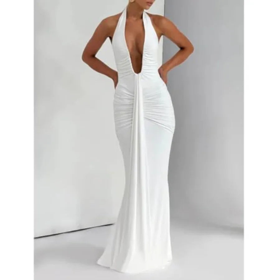ABYOVRT Women Deep V Neck Ruched Maxi Dress Sleeveless Halter Gown Cocktail Evening Formal Dresses