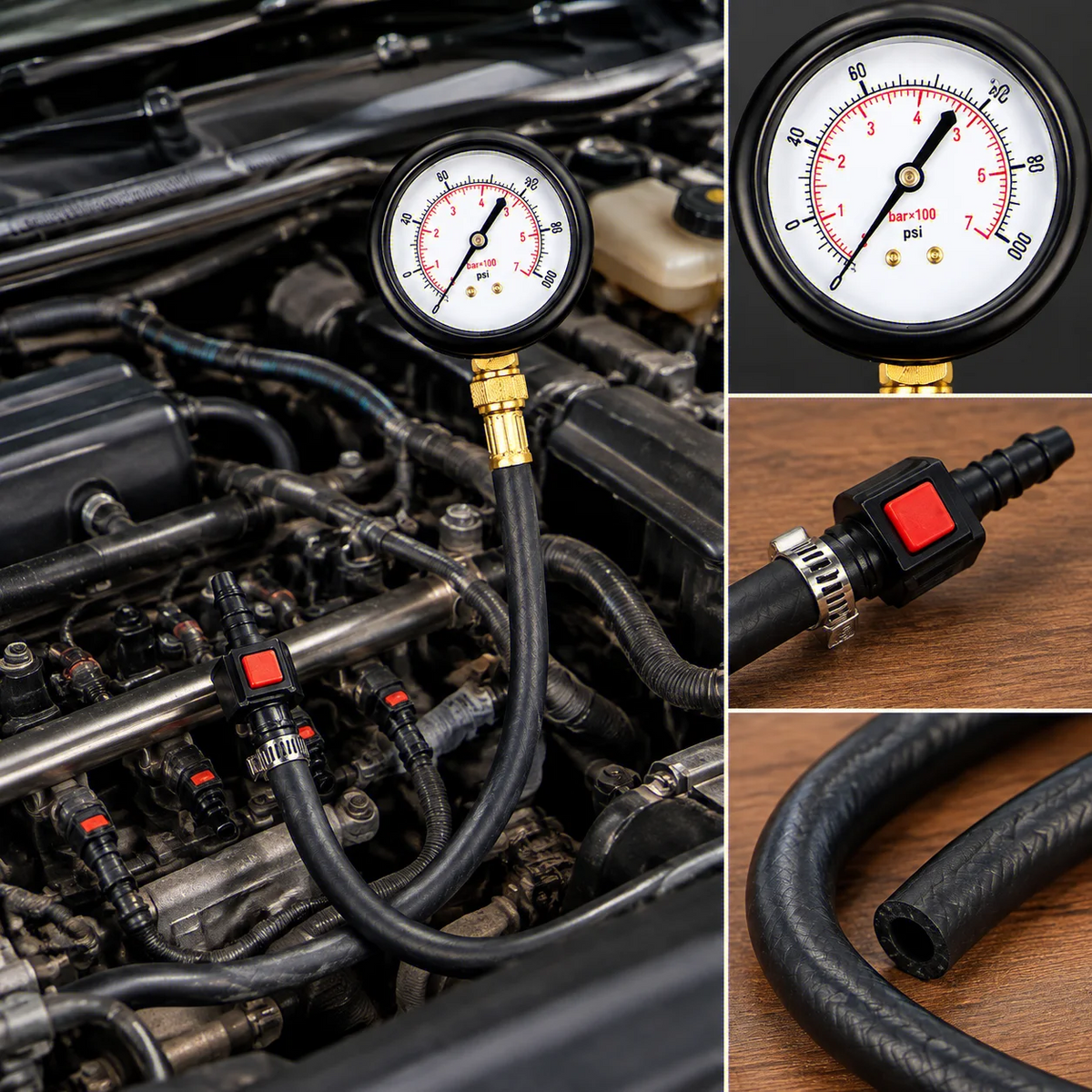 HTMCK Auto & Motorcycle Pressure Test Gauge Kit 0-100PSI with Valve, 63mm Dial, 789mm 949mm Hoses, Vehicle Maintenance Measuring