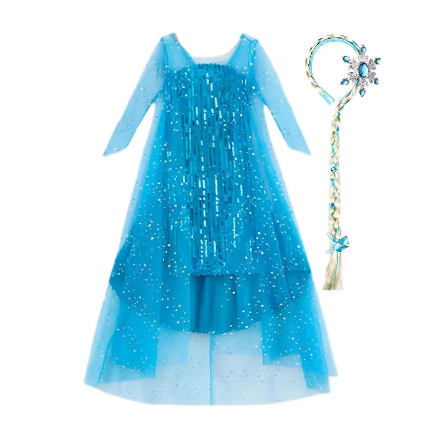 Girl Stunning Princess Maxi Dress All Body Sequin Covered Blue Train Sparkly Tulle Costume Snow Queen Party Elsa Cosplay Outfit