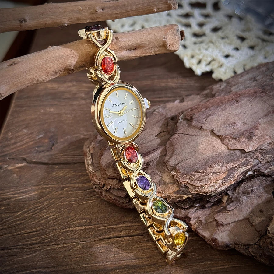 Elegant Lady's Retro round Color Gem Rainbow Quartz Watch with Chain Scale French Luxury Fashionable Ladies' Timepiece