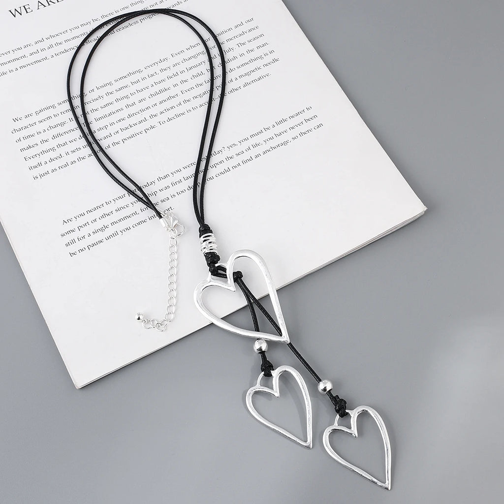 Amorcome Big Silver Color Heart Pendant Long Leather Necklace Boho Women Statement Ethnic Jewelry Lariat Necklace Mujer Collares