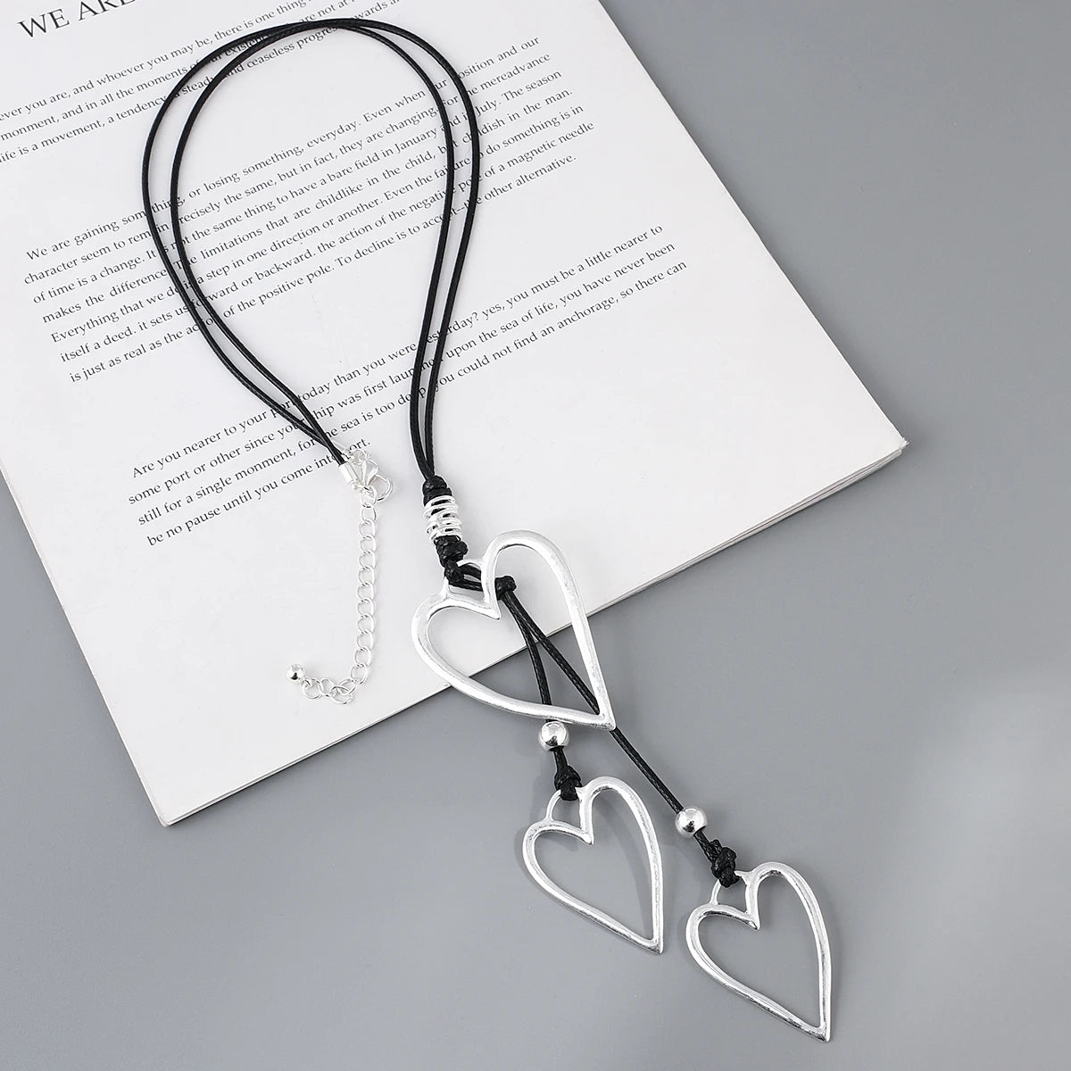 Amorcome Big Silver Color Heart Pendant Long Leather Necklace Boho Women Statement Ethnic Jewelry Lariat Necklace Mujer Collares