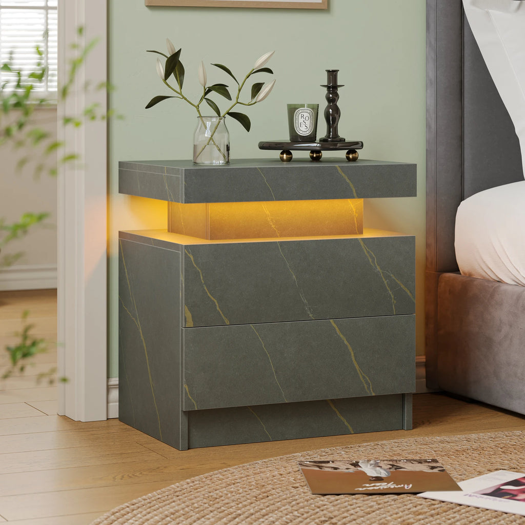 Cubehom LED Nightstands with 2 Drawers, End Table with RGB LED Lights for Bedroom Living Room, White Bedside Table