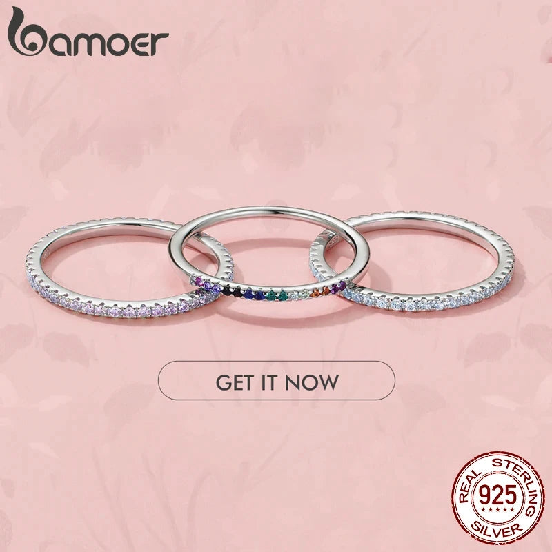BAMOER 925 Sterling Silver Full Paved Simulated Diamond Stackable Rings, Women Gold Plated Engagement Eternity Bands Colored CZ