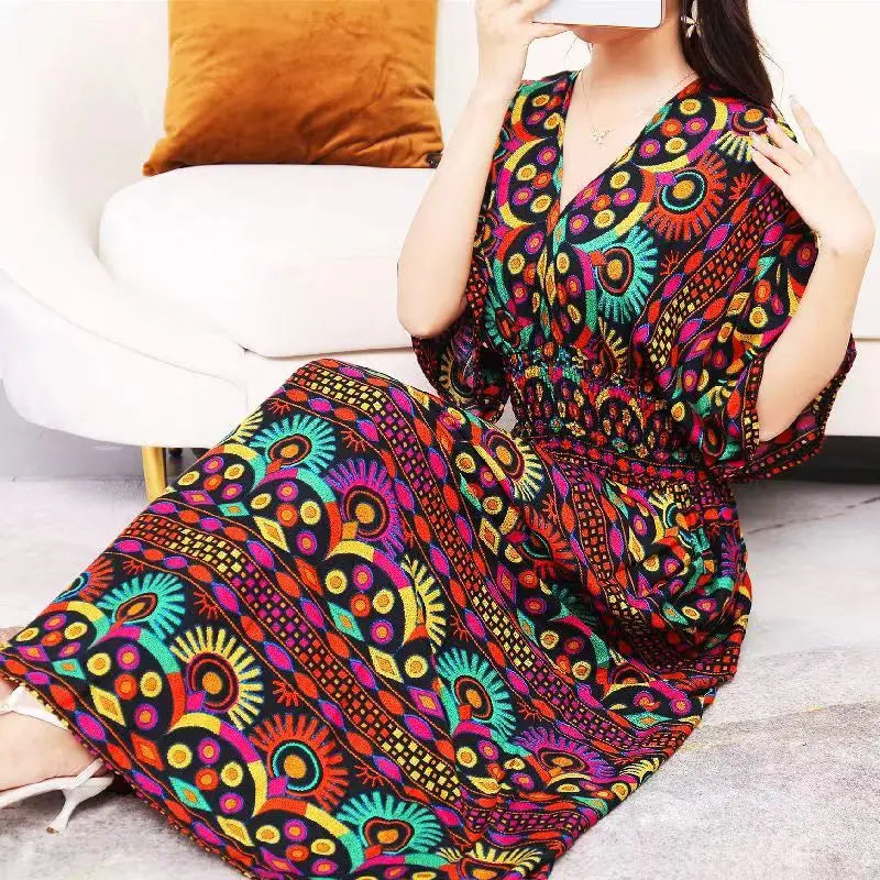 2025 Summer New Casual Elegant Retro Bohemian Style V-neck Elastic Waist Large Swing Printed Long Skirt Autumn Summer Dress