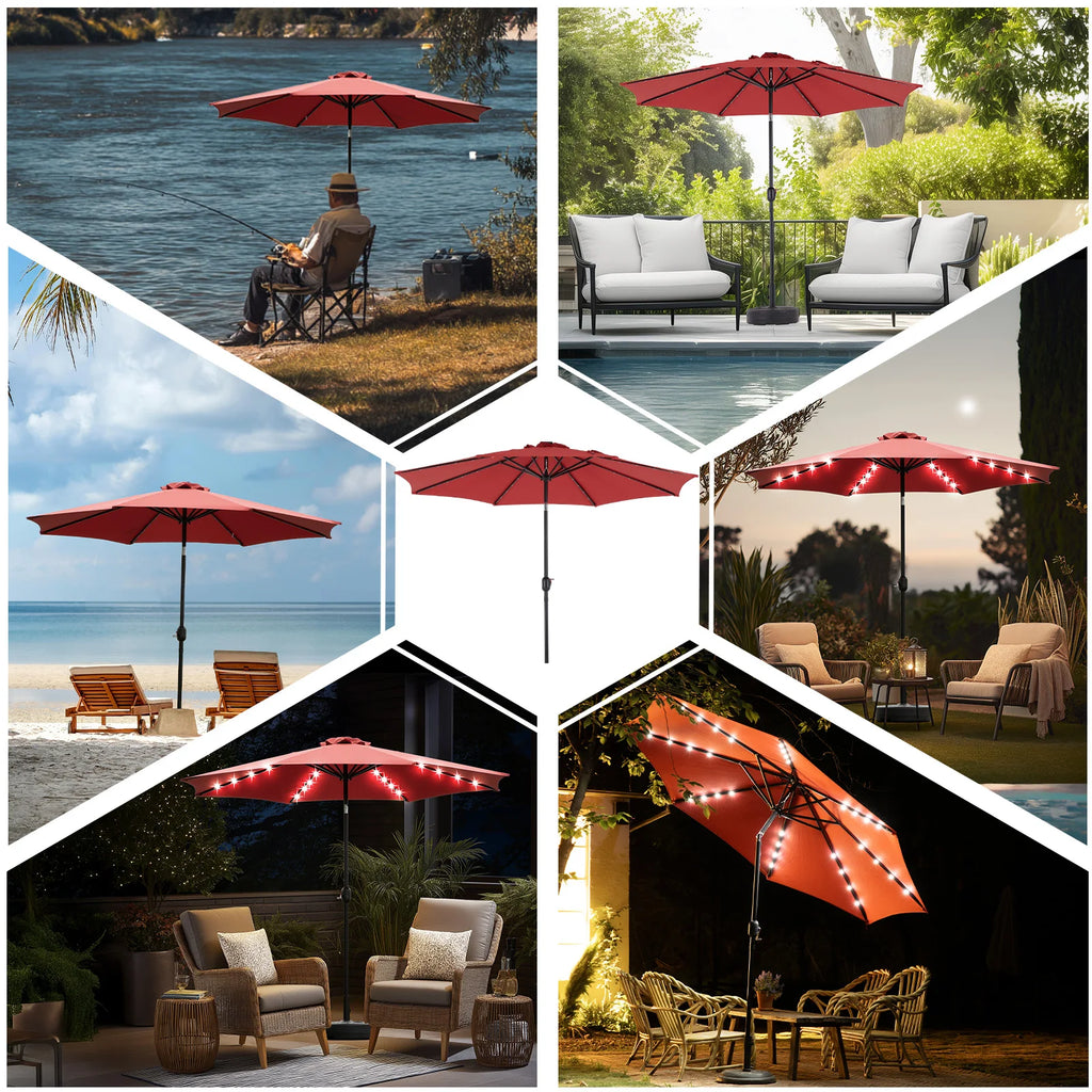 JHK 10FT Solar Patio Umbrella with 32 LED Lights UV-Resistant Outdoor Table Umbrella with Tilt and Crank for Backyard Garden