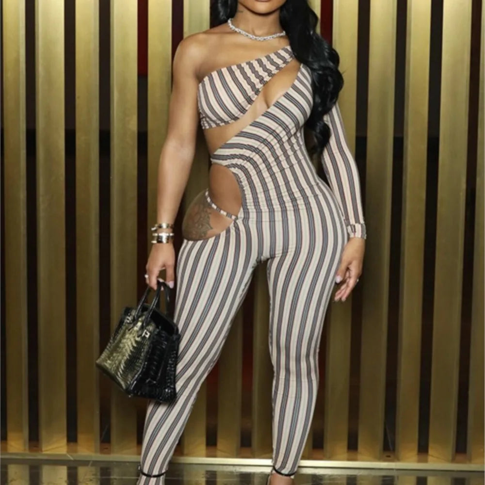 Fashion Women's Sexy Hollow Jumpsuit 2026 Spring Ruched Irregular Hipster Club Stripes Print Full Sleeve Midnight Party Overalls